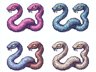 Obraz premium Four Pixel Art Snakes with Two Heads