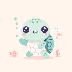 Cute Turtle with Fish and Seaweed Pattern – Minimalist Pastel Design for Children