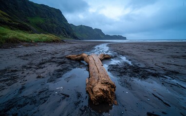 Driftwood on a secluded beach with dramatic cliffs in the background