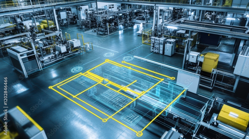 Poster modern factory floor with digital twin overlay concept industrial environment smart technology imple