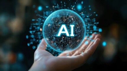 Hand holding glowing ai sphere digital particles concept futuristic technology studio environment close-up view