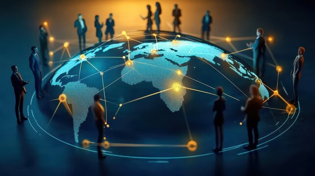 Global network of connected people collaborating around the glowing earth concept virtual environment business viewpoint