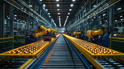 Fototapeta premium A modern factory setting with robotic arms assembling products on a conveyor belt.