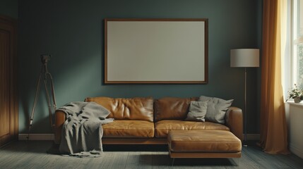 Cozy living room with a leather couch and warm lighting.