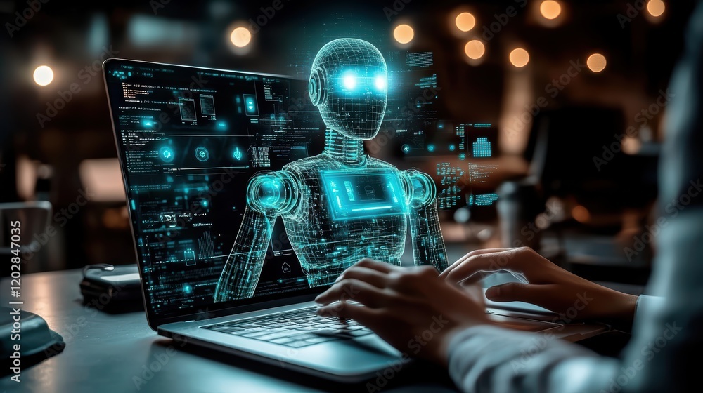 Poster hands typing on laptop with floating ai robot concept in a modern workspace digital technology envir