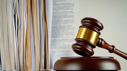 Close-up of a gavel resting on a wooden desk with legal documents, symbolizing law changes and judicial decisions in the legal system.