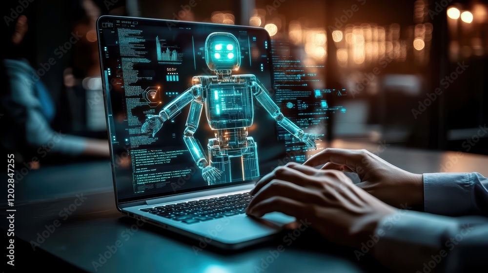 Poster hands typing on laptop with floating ai robot concept modern workspace digital innovation tech envir