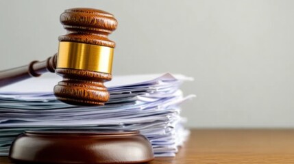 Close-up of a gavel resting on a wooden desk with legal documents, symbolizing law changes and judicial decisions in the legal system.
