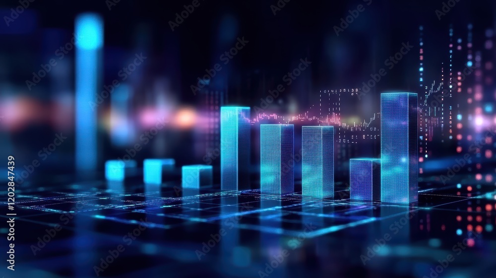 Poster dynamic financial data visualization glowing blue holographic graphs in a digital environment concep