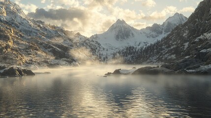Fototapeta premium Misty mountain lake at sunrise.