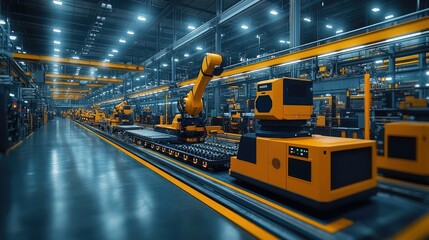 A modern industrial facility featuring robotic arms and automated machinery for manufacturing processes.