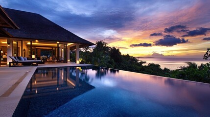 Obraz premium Sunset view from luxury villa with infinity pool. (1)