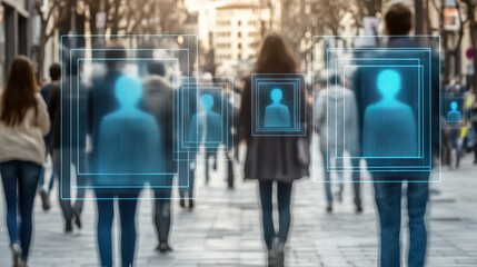Urban street scene with ai person detection boxes city center digital content busy environment eye-level view innovative concept