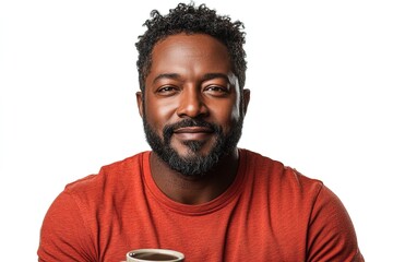 A smiling man holding a cup, exuding warmth and relaxation.