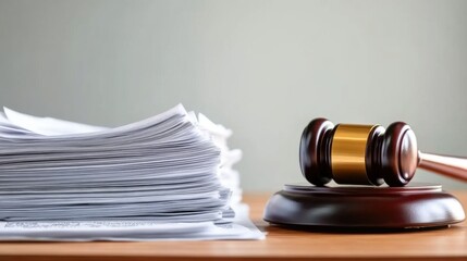 Close-up of a gavel resting on a wooden desk with legal documents, symbolizing law changes and judicial decisions in the legal system.