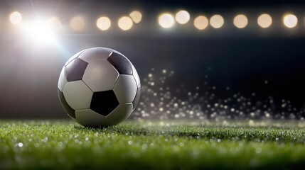 Naklejka premium Dramatic soccer ball in action at sunset grass field stadium lighting concept captivating sports photography