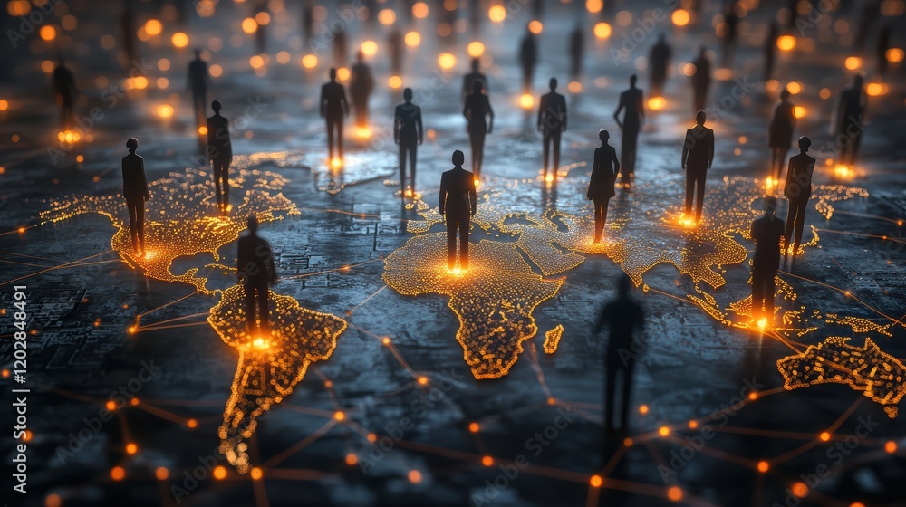 Poster global network visualization of business people silhouettes connecting worldwide conceptual data rep
