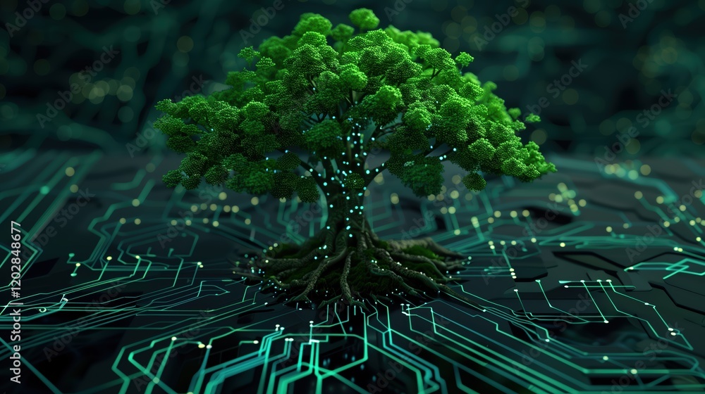 Poster hyperrealistic tree of life concept with vibrant green leaves in a tech environment