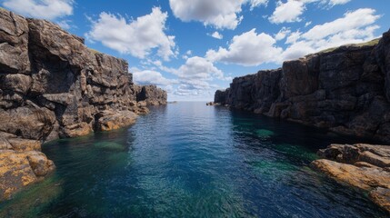 Fototapeta premium Secluded cove between dramatic cliffs, crystal clear water