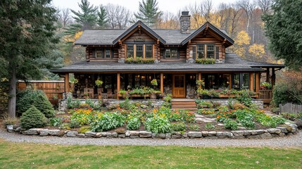 Naklejka premium Charming Log Cabin Surrounded by Vibrant Autumn Foliage