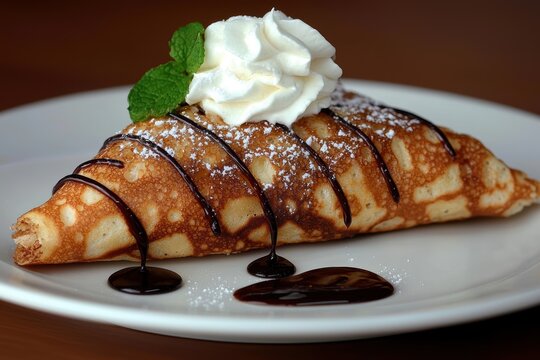 Delicious crepe with whipped cream and chocolate sauce