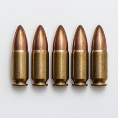 Five bullets lined up in a row on a white background