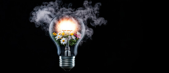 Smoking and Business Themed, The Impact of Smoking and Tobacco-Related Issues Concept, glowing light bulb filled with flowers and smoke creates vibrant atmosphere