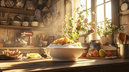 Sunlit kitchen counter with fruit dessert.
