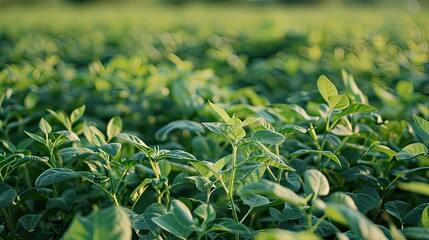Close-up of soybean plants with unripe pods in a field.