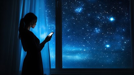 Woman Silhouetted at Night Using Smartphone Near Window