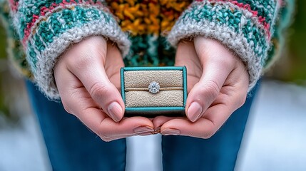 Fototapeta premium Elegant Engagement Ring Box Held by Person in Cozy Sweater