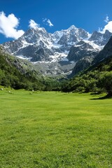Majestic snow-capped mountains and lush green valley