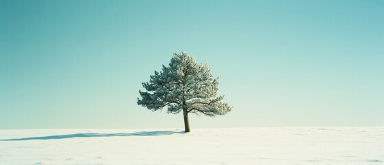Fototapeta premium A lone tree stands resilient amid a vast snowy landscape, capturing the tranquil beauty and solitude of a serene winter's day.