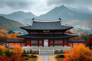 Naklejka premium Autumn Palace, Mountains, Korea, Travel, Brochure