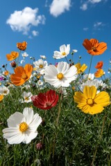 Obraz premium Vibrant cosmos flowers in a field under a sunny blue sky
