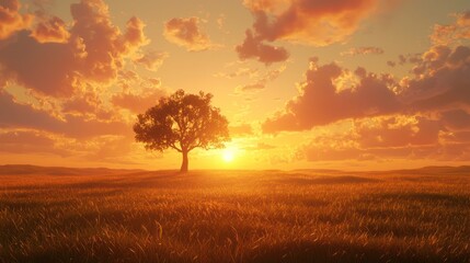 Obraz premium Solitary tree in golden sunset field.