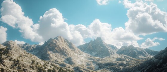 Fototapeta premium Majestic mountain peaks reach towards the vibrant blue sky, surrounded by fluffy white clouds, embodying grandeur and serenity.