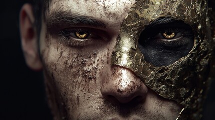 Obraz premium Intense Close-up of a Male Face with Gold and Black Half Mask, Unveiling Emotion and Intrigue in Dark Atmosphere