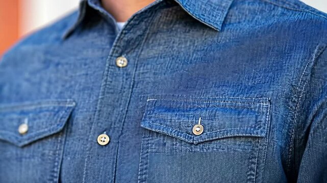 Denim shirt with button details worn by a person in a casual outdoor setting