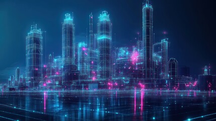 Futuristic city skyline glowing with neon lights at night, showcasing advanced technology