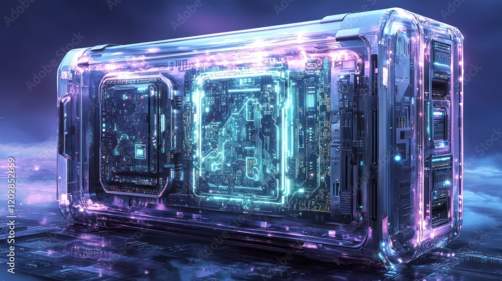 Poster futuristic glowing computer hardware in a high-tech environment with digital elements