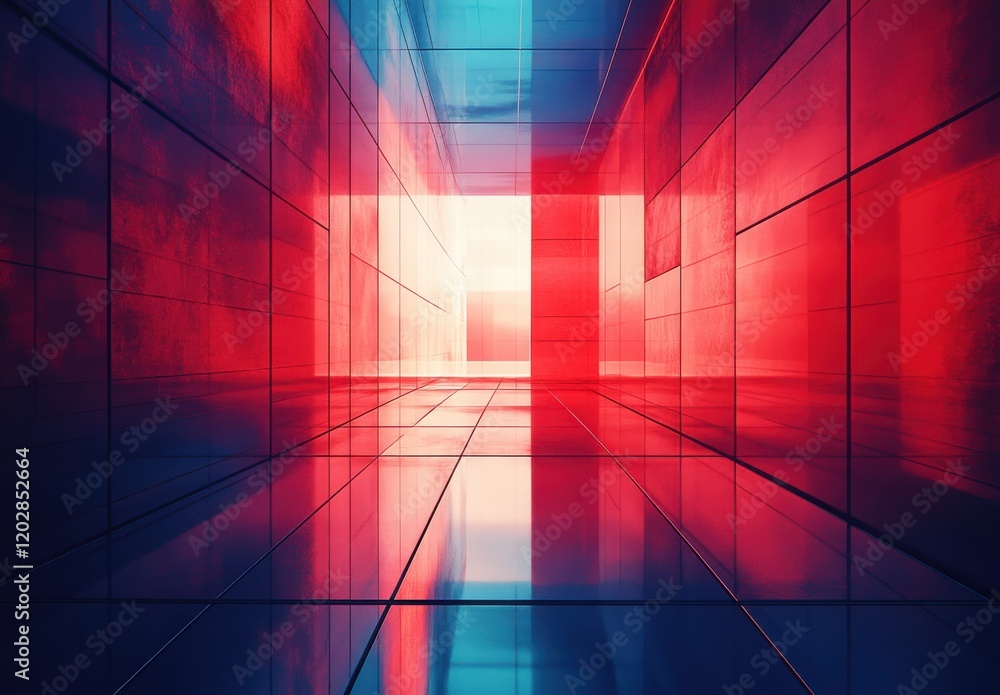 Poster a futuristic abstract corridor with vibrant red and blue lighting reflecting off smooth surfaces, cr