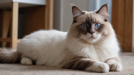 Chocolate point ragdoll cat laying on the floor indoor