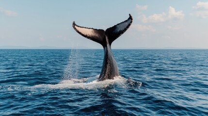 Humpback whale tail fluke breaching the ocean surface