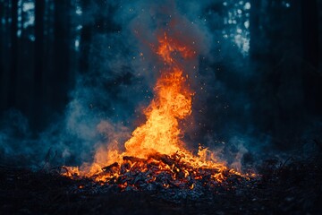Fototapeta premium Forest fire burning fiercely at night