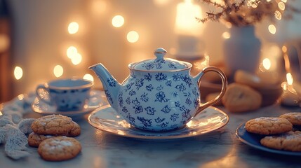 Fototapeta premium Cozy tea time scene with teapot, teacups, and cookies.
