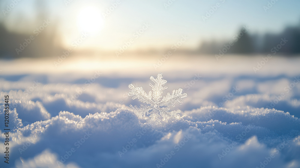 Poster a close-up of a snowflake on fresh, pristine white snow with the sun's rays creating beautiful light