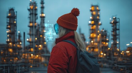 Fototapeta premium A person in a red jacket and beanie stands near an industrial site, observing with a digital overlay.