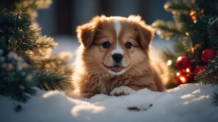 A playful puppy surrounded by snow and festive decorations, evoking warmth and joy.