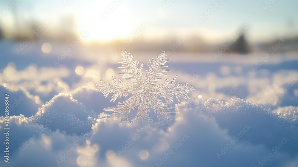Poster a close-up of a snowflake on fresh, pristine white snow with the sun's rays creating beautiful light